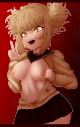Rule 34 | 1girl, absurdres, blonde hair, blunt bangs, boku no hero academia, breasts, cardigan, double bun, ephemilie, fangs, hair bun, highres, large breasts, looking at viewer, medium breasts, navel, nipples, open clothes, open mouth, pleated skirt, red background, school uniform, serafuku, sinrizuki, skirt, smile, solo, stomach, thighs, toga himiko, v, yellow eyes