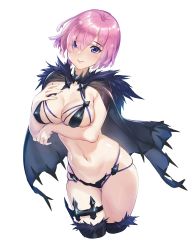 Rule 34 | 1girl, alternate costume, arm under breasts, bikini, black cape, black thighhighs, blue eyes, breast hold, breasts, cape, covered erect nipples, cowboy shot, cropped legs, fate/grand order, fate (series), fur trim, hair between eyes, hand on own chest, highres, large breasts, looking at viewer, mash kyrielight, mhk (mechamania), micro bikini, navel, pink hair, short hair, simple background, solo, swimsuit, thigh strap, thighhighs, white background