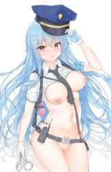 Rule 34 | 1girl, absurdres, bili girl 22, bilibili, blue hair, breasts, cleft of venus, clothes lift, cowboy shot, dildo, functionally nude, hair ornament, hairclip, hat, highres, holster, jyt, large breasts, long hair, navel, necktie, nipples, police, police hat, police uniform, pussy, red eyes, revealing clothes, sex toy, shadow, shirt lift, shoulder holster, two-tone gloves, uncensored, uniform, walkie-talkie, white background