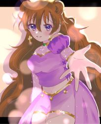 Rule 34 | 1girl, artist name, artist request, black border, blush, border, bracelet, breasts, brown hair, butterfly (love live!), choker, cleavage, clothing cutout, collarbone, cropped shirt, crown, detached sleeves, double bun, dress, dress shirt, earrings, female focus, gold bracelet, hair between eyes, hair bun, hair rings, harem outfit, jewelry, konoe kanata, long hair, looking at viewer, love live!, love live! nijigasaki high school idol club, love live! school idol festival, medium breasts, navel, parted lips, puffy short sleeves, puffy sleeves, purple eyes, purple ribbon, purple shirt, purple shorts, reaching, reaching towards viewer, ribbon, shirt, short sleeves, shorts, shoulder cutout, smile, solo, sparkle, teeth, two side up, yellow bracelet, yellow choker