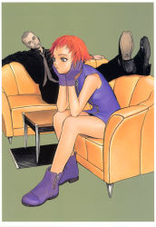 Rule 34 | 1boy, 1girl, ankle boots, bare shoulders, boots, border, brown hair, couch, dress, formal, full body, gloves, green background, head rest, head tilt, highres, like a balance life, murata range, purple dress, purple footwear, purple gloves, red eyes, red hair, short dress, short hair, simple background, sleeveless, sleeveless dress, striped, suit, table, vertical stripes, white border