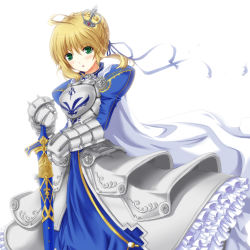 Rule 34 | 1girl, ahoge, armor, armored dress, artoria pendragon (all), artoria pendragon (fate), blonde hair, caliburn (fate), cape, colorized, crown, dress, fate/stay night, fate (series), faulds, frills, gauntlets, green eyes, hair ribbon, hands on hilt, highres, hoshino sora, kuroneko (fragrant olive), lineart, mini crown, ornate, ribbon, saber (fate), simple background, solo, sword, weapon