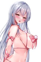 Rule 34 | 1girl, blush, breasts, brown eyes, grey hair, highres, katsushika pachi, large breasts, long hair, looking at viewer, navel, open mouth, original, red ribbon, ribbon, simple background, upper body, white background