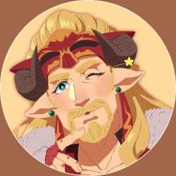 Rule 34 | 1other, bad id, bad pixiv id, beard, blonde hair, close-up, draph, earrings, facial hair, finger to mouth, fingernails, gloves, granblue fantasy, green eyes, highres, horns, jewelry, ladiva, long hair, male focus, one eye closed, pointy ears, portrait, profile picture, round image, smith (ardp13), solo, thick eyebrows