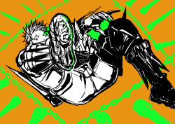 Rule 34 | 1boy, blonde hair, boots, claws, climaxmukr, colored tips, dorohedoro, elbow spikes, facial mark, fighting stance, from below, looking down, male focus, multicolored hair, no eyebrows, risu (dorohedoro), solo, telekinesis