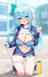 Rule 34 | 1girl, blue bra, blue buruma, blue eyes, blue hair, blush, bra, breasts, buruma, chihiro (khorosho), cleavage, clothes lift, commentary request, entangled, fingernails, gluteal fold, gym uniform, headband, highres, jacket, jump rope, kneeling, large breasts, long hair, looking at viewer, navel, no pants, open mouth, original, outdoors, ponytail, shirt, shirt lift, shoes, smile, solo, thighs, track jacket, underwear, white footwear, white headband, white shirt