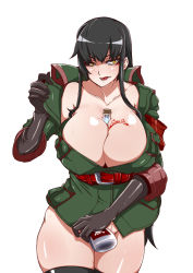 Rule 34 | 1girl, belt, between breasts, black gloves, black hair, breasts, busujima, censored, convenient censoring, female soldier, gloves, huge breasts, kamen no hito, long hair, military, military uniform, original, saliva, solo, test tube, thighhighs, undressing, uniform, yellow eyes