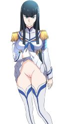 Rule 34 | 10s, 1girl, absurdres, black hair, blue eyes, breasts, cleft of venus, clothes lift, dress, dress lift, frown, highres, kill la kill, kiryuuin satsuki, large breasts, lifting own clothes, long hair, no panties, pussy, school uniform, simple background, skirt, skirt lift, solo, thick eyebrows, thighhighs, tonotyama, uncensored, white background, white thighhighs