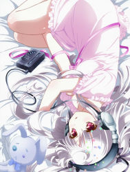 Rule 34 | 10s, 1girl, absolute duo, bed, cassette player, headphones, highres, long hair, nightgown, red eyes, screencap, silver hair, solo, stuffed animal, stuffed rabbit, stuffed toy, yurie sigtuna