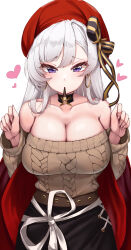 Rule 34 | 1girl, absurdres, aran sweater, azur lane, belfast (azur lane), belfast (shopping with the head maid) (azur lane), beret, breasts, brown sweater, cable knit, choker, cleavage, collarbone, cowboy shot, earrings, food, gypsophila, hands up, hat, heart, highres, hoop earrings, jewelry, large breasts, long hair, looking at viewer, off-shoulder sweater, off shoulder, official alternate costume, pencil skirt, pocky, pocky day, pov, purple eyes, red headwear, red shawl, shawl, skirt, striped choker, sweater, white hair