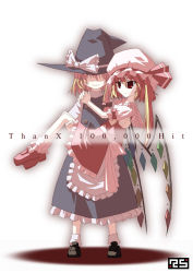 Rule 34 | 2girls, akakage red, arms around neck, blonde hair, carrying, faceless, female focus, flandre scarlet, hat, hat over eyes, kirisame marisa, milestone celebration, mob cap, multiple girls, princess carry, red (artist), side ponytail, standing, thank you, touhou, wings, witch hat