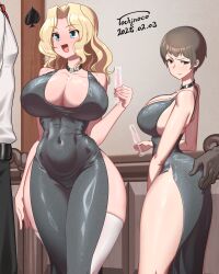 2boys 2girls ass blonde_hair blue_eyes blush breasts brown_eyes brown_hair cameltoe choker cleavage covered_navel dress freckles girls_und_panzer grabbing_another&#039;s_ass groping impossible_clothes impossible_dress indoors kay_(girls_und_panzer) large_breasts long_hair multiple_boys multiple_girls naomi_(girls_und_panzer) no_bra no_panties open_mouth short_hair smile thighhighs tochinoco white_thighhighs