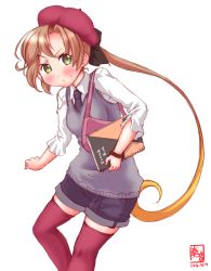 Rule 34 | 1girl, bag, beret, blouse, blush, breasts, character request, collared shirt, commentary request, dated, dot nose, forehead, frilled sleeves, frills, gradient hair, green eyes, grey sweater vest, hat, highres, holding, holding sketchbook, kanon (kurogane knights), kantai collection, light brown hair, long hair, long sleeves, looking at viewer, multicolored hair, necktie, pink bag, puckered lips, purple hat, purple thighhighs, shirt, short shorts, shorts, shoulder bag, simple background, sketchbook, solo, sweatdrop, sweater vest, thighhighs, v-neck, v-shaped eyebrows, very long hair, white background, white shirt, wide hips, wing collar, wrists extended