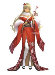 Rule 34 | 1girl, alternate costume, arrow (projectile), artist name, blonde hair, breasts, cleavage, dark-skinned female, dark skin, fae (fire emblem), fire emblem, fire emblem: the binding blade, floral print, flower, full body, fur shawl, green eyes, hair flower, hair ornament, hamaya, highres, holding, holding arrow, igrene (fire emblem), japanese clothes, kimono, large breasts, light brown hair, lipstick, long hair, looking at viewer, makeup, moja (rainpoow), nail polish, nintendo, okobo, pantyhose, red kimono, red lips, red nails, sandals, scarf, shawl, smile, solo, white flower, white scar