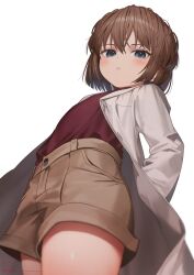 Rule 34 | 1girl, blue eyes, brown hair, brown shorts, child, coat, cowboy shot, haibara ai, hands in pockets, highres, lab coat, looking at viewer, meitantei conan, red shirt, ryota (ry o ta), shirt, shirt tucked in, short hair, shorts, simple background, solo, white background, white coat