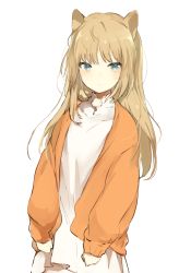Rule 34 | 1girl, animal ears, blonde hair, blue eyes, blush, cardigan, closed mouth, dress, expressionless, logo, long hair, long sleeves, looking at viewer, lpip, original, simple background, solo, white background, white dress