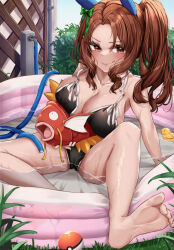 Rule 34 | 1girl, absurdres, barefoot, bikini, blush, bow, breasts, brown hair, cleavage, creatures (company), crossover, ear bow, feet, game freak, gen 1 pokemon, grass, green bow, hair bow, highres, horse girl, hose, king halo (umamusume), large breasts, long hair, looking at viewer, magikarp, nintendo, plant, poke ball, pokemon, ponytail, red eyes, rubber duck, sitting, swimsuit, tabunshake, tongue, tongue out, umamusume, wading pool, water