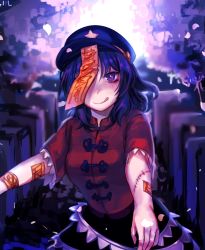 Rule 34 | 1girl, blue eyes, blue hair, hat, highres, licking lips, looking at viewer, matching hair/eyes, miyako yoshika, ofuda, one eye covered, outstretched arms, scar, smile, solo, star (symbol), stitches, tis (shan0x0shan), tongue, tongue out, touhou, upper body, zombie pose