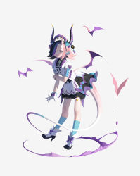 Rule 34 | 1girl, absurdres, apron, bat (animal), bat wings, black hair, charles (106858), copyright request, earrings, full body, gloves, green eyes, hair over one eye, high heels, highres, horns, jewelry, long horns, maid, maid apron, multicolored eyes, multicolored hair, pink hair, pointy ears, purple eyes, purple hair, skull, solo, standing, tagme, tail, white background, wings, yellow eyes