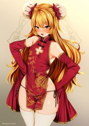 Rule 34 | 1girl, beryl benito, blonde hair, blush, breasts, china dress, chinese clothes, commentary request, detached sleeves, double bun, dress, gradient background, hair bun, long hair, looking at viewer, lowleg, lowleg panties, marota, open mouth, panties, red dress, side-tie panties, sleeves past fingers, sleeves past wrists, small breasts, smile, solo, string panties, tales of (series), tales of hearts, thighhighs, underwear, white thighhighs, yellow background, yellow eyes