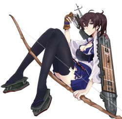 Rule 34 | 1girl, arrow (projectile), bow (weapon), breasts, brown hair, cleavage, downscaled, flight deck, gloves, grey eyes, kaga (kancolle), kantai collection, large breasts, looking at viewer, md5 mismatch, muneate, partially fingerless gloves, partly fingerless gloves, pokimari, quiver, resized, short hair, side ponytail, simple background, single glove, sitting, skirt, solo, thighhighs, weapon, white background, yugake
