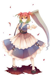 Rule 34 | 1girl, arm up, coin, female focus, gradient hair, green hair, hair bobbles, hair ornament, highres, multicolored hair, obi, onozuka komachi, outstretched hand, over shoulder, petals, pink eyes, red hair, sash, scythe, shirt, short hair, skirt, solo, touhou, twintails, two side up, white background, yuya (night lily)