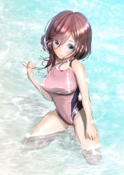 Rule 34 | 1girl, artist name, barefoot, blue eyes, breasts, brown hair, commentary request, competition swimsuit, garter-velvet, go-toubun no hanayome, hair between eyes, highres, kneeling, long hair, looking at viewer, medium breasts, nakano miku, one-piece swimsuit, partially submerged, pink one-piece swimsuit, smile, solo, swimsuit, twitter username, water surface