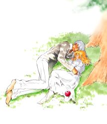 Rule 34 | 1boy, 1girl, apple, archer (fate), artoria pendragon (fate), black suit, blonde hair, cedar paper, dress, fate/hollow ataraxia, fate/stay night, fate (series), food, formal, fruit, grass, image sample, pixiv sample, saber (fate), sleeping, suit, tree, under tree, white dress, white hair