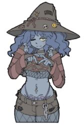 Rule 34 | 1girl, blue hair, blue skin, colored skin, commentary, commission, elden ring, english commentary, extra arms, hat, highres, long hair, looking at viewer, navel, navel piercing, one eye closed, pantsu-ripper, piercing, pubic tattoo, ranni the witch, simple background, solo, tattoo, white background, witch hat