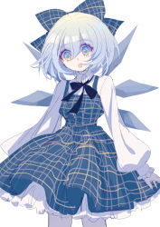 Rule 34 | 1girl, absurdres, adapted costume, black ribbon, blue bow, blue dress, blue eyes, blue hair, bow, breasts, cirno, collared shirt, cowboy shot, dress, hair between eyes, hair bow, highres, ice, ice wings, long sleeves, looking at viewer, neck ribbon, open mouth, petticoat, pinafore dress, plaid, plaid bow, plaid dress, puffy long sleeves, puffy sleeves, ribbon, shirt, shocho (shaojiujiu), short hair, sleeveless dress, small breasts, solo, standing, touhou, white background, white shirt, wings