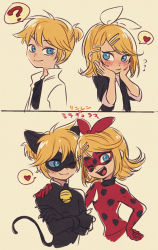 Rule 34 | 1boy, 1girl, ;), ;d, ?, adrien agreste, adrien agreste (cosplay), animal ears, back-to-back, bell, black bodysuit, blonde hair, blue eyes, blue sclera, blush, bodysuit, cat boy, cat ears, catsuit, chat noir, chat noir (cosplay), colored sclera, commentary, cosplay, crossed arms, crossover, domino mask, hair ornament, hairclip, hand on another&#039;s shoulder, hand on own hip, hands on own cheeks, hands on own face, heart, highres, kagamine len, kagamine rin, ladybug (character), ladybug (character) (cosplay), looking at another, looking at viewer, marinette dupain-cheng, marinette dupain-cheng (cosplay), mask, miraculous ladybug, nervous, one eye closed, open mouth, polka dot, pout, short ponytail, smile, spoken heart, spoken question mark, translated, ukata, vocaloid