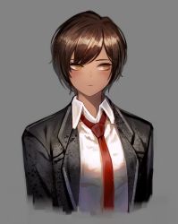 Rule 34 | 1girl, bad id, bad twitter id, black jacket, blouse, brown eyes, brown hair, closed mouth, dark-skinned female, dark skin, dolsig ilangnolja, formal, grey background, jacket, limbus company, long sleeves, necktie, outis (project moon), polo shirt, project moon, red necktie, shirt, short hair, simple background, solo, white shirt