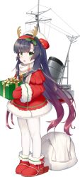 Rule 34 | 1girl, akasaka yuzu, antlers, black hair, boots, box, christmas, full body, gift, gift box, gloves, gradient hair, green eyes, hat, horns, kantai collection, long hair, long sleeves, looking at viewer, machinery, matsuwa (kancolle), multicolored hair, official art, open mouth, pantyhose, pink hair, purple hair, reindeer antlers, sack, santa boots, santa costume, scarf, solo, transparent background
