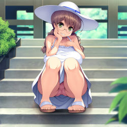 Rule 34 | bare shoulders, braid, breast press, breasts, bush, collarbone, dress, glasses, green eyes, hand on own cheek, hand on own face, hat, large breasts, long hair, looking at viewer, original, outdoors, panties, pantyshot, pink panties, sandals, skirt, smile, squatting, stairs, sun hat, sundress, teeth, thighs, toes, twin braids, udonko072, underwear, white dress, white headwear