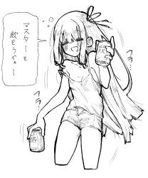 Rule 34 | 1girl, = =, alternate costume, beer can, blush, breasts, bubble, can, cleavage, collarbone, commentary request, cropped legs, drink can, drooling, drunk, efra-chan, greyscale, hair ribbon, hand up, highres, holding, holding can, kotonoha akane, long hair, monochrome, mouth drool, open fly, raised eyebrows, ribbon, short shorts, shorts, sidelocks, small breasts, solo, spaghetti strap, speech bubble, squeans, strap slip, tank top, translation request, voiceroid