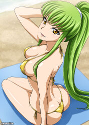 Rule 34 | 1girl, absurdres, ass, beach, beach towel, bikini, breasts, butt crack, c.c., cleavage, code geass, from behind, gold bikini, green hair, highres, large breasts, long hair, looking at viewer, looking back, medium breasts, moeshino, ponytail, solo, swimsuit, towel, yellow eyes