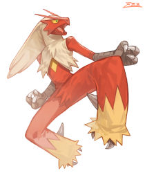 Rule 34 | blaziken, claws, colored sclera, commentary request, creatures (company), full body, game freak, gen 3 pokemon, green eyes, nintendo, open mouth, oyasuminjyutsu, pokemon, pokemon (creature), simple background, solo, tongue, white background, yellow sclera