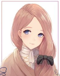 Rule 34 | 1girl, black ribbon, blue eyes, border, brown hair, closed mouth, fire emblem, fire emblem: three houses, hair ribbon, heart, leonmandala, long hair, looking at viewer, mercedes von martritz, nintendo, parted bangs, portrait, purple border, ribbon, simple background, smile, solo, white background