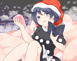 Rule 34 | 1girl, blue eyes, blue hair, blush, book, doremy sweet, dream soul, dress, feet out of frame, hat, holding, holding book, knees together feet apart, looking at viewer, nanana (chicken union), nightcap, parted lips, pom pom (clothes), red headwear, short hair, smile, smug, tail, touhou, white dress
