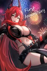 Rule 34 | 1girl, :d, anniversary, black gloves, breasts, chaps, cleavage, crop top, cropped jacket, fingerless gloves, fireworks, gloves, goddess of victory: nikke, hatenoga, headgear, large breasts, long hair, midriff, navel, night, open mouth, orange eyes, red hair, red hood (nikke), red scarf, scarf, sitting, smile, solo, very long hair