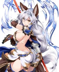 Rule 34 | 10s, 1girl, animal ears, armor, backless outfit, black gloves, breasts, brown eyes, butt crack, cleavage, cowboy shot, elbow gloves, erune, female focus, gloves, granblue fantasy, hair between eyes, hair tubes, hairband, heles, large breasts, long hair, pauldrons, polearm, shinozuka atsuto, shoulder armor, side slit, sideboob, silver hair, solo, spear, thighhighs, vambraces, very long hair, weapon