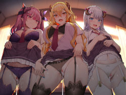 Rule 34 | 3girls, backlighting, between breasts, black legwear, black panties, blonde hair, blue eyes, blue nails, blunt bangs, blurry, blurry background, bow, bow panties, breasts, ceiling, censored, clothes lift, clothing aside, contrapposto, cowboy shot, crossed bangs, cum, cum on body, cumdrip, demon girl, depth of field, fang, fingernails, fisheye, from below, garter straps, hair between eyes, hair ornament, hairclip, highres, horn bow, horn ornament, horns, indoors, large breasts, lifted by self, long hair, medium breasts, mosaic censoring, multiple girls, nail polish, navel, necktie, necktie between breasts, non-web source, oekakizuki, open clothes, open mouth, open shirt, original, panties, panties aside, pink eyes, pink hair, pointy ears, purple legwear, purple nails, purple panties, pussy, pussy juice, school uniform, silver hair, skirt, skirt lift, sweat, thighhighs, tile ceiling, tiles, underwear, white bow, white legwear, white panties, window, yellow eyes