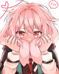 Rule 34 | 1boy, animal ears, ansel (arknights), arknights, blush, commentary, crossed bangs, english commentary, heart, holding own ears, long sleeves, looking at viewer, necktie, nose blush, pink eyes, pink hair, rabbit boy, rabbit ears, red necktie, rinzy, short hair, shy, simple background, solo, spoken blush, white background