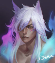 Rule 34 | 1boy, absurdres, artist name, black background, closed mouth, collarbone, facial mark, hair over one eye, highres, league of legends, long hair, male focus, multicolored hair, pink hair, piscina, portrait, sett (league of legends), solo, spirit blossom sett, two-tone hair, whisker markings, white hair, yellow eyes