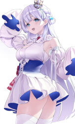 Rule 34 | 1girl, absurdres, amahane miran, arm up, ass, bare shoulders, blue eyes, blunt bangs, blunt ends, bow, braid, breasts, collar, commission, cowboy shot, dress, from side, hand to own head, hand up, highres, indie virtual youtuber, large breasts, long hair, long sleeves, looking at viewer, nametarou (meron), open mouth, pleated dress, puffy sleeves, short dress, simple background, single braid, skeb commission, sleeve bow, sleeveless, sleeveless dress, sleeves past fingers, sleeves past wrists, smile, solo, standing, straight hair, thick thighs, thighhighs, thighs, twisted torso, two-tone dress, underbust, very long hair, very long sleeves, virtual youtuber, white background, white bow, white collar, white dress, white hair, white sleeves, white thighhighs
