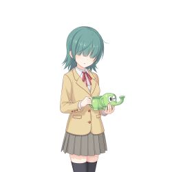 Rule 34 | 1girl, aoi (princess connect!), aoi (real) (princess connect!), black thighhighs, green hair, hair over eyes, holding, holding watering can, jacket, medium hair, necktie, official art, princess connect!, red necktie, school uniform, skirt, thighhighs, transparent background, watering can
