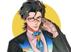 Rule 34 | 1boy, artist name, black hair, black jacket, blue necktie, closed mouth, collared shirt, diarmuid ua duibhne (saber) (fate), diarmuid ua duibhne (saber) (festival outfit) (fate), fate/grand order, fate (series), formal, glasses, gloves, hair between eyes, hand up, jacket, kakukakuq, light smile, looking at viewer, male focus, medium hair, mole, mole under eye, necktie, official alternate costume, shirt, simple background, smile, solo, upper body, white background, white gloves, white shirt, yellow eyes
