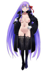 Rule 34 | 10s, 1girl, 774 (nanashi), bb (fate), bb (fate/extra), black thighhighs, blush, bow, breasts, breasts apart, closed mouth, coat, collarbone, commentary request, fate/extra, fate/extra ccc, fate (series), full body, gloves, gluteal fold, hair bow, hand on own hip, highres, jacket, large breasts, long hair, long sleeves, looking at viewer, naked coat, navel, nipples, no pussy, open clothes, open jacket, puffy nipples, purple eyes, purple hair, red bow, smile, solo, standing, stomach, thighhighs, very long hair, white background, white gloves, wide sleeves