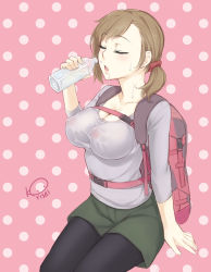 Rule 34 | 1girl, arm support, artist name, backpack, bag, black pantyhose, blush, bottle, breasts, brown hair, casual, chestnut mouth, cleavage, covered erect nipples, dripping, closed eyes, korisei, pantyhose under shorts, low ponytail, open mouth, original, pantyhose, polka dot, polka dot background, scrunchie, see-through, shirt, shorts, signature, solo, water, water bottle, wet, wet clothes, wet shirt