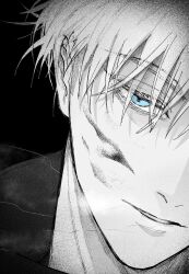 Rule 34 | 1boy, blue eyes, close-up, gojou satoru, greyscale, highres, jujutsu kaisen, looking at viewer, male focus, monochrome, nay bb, parted lips, portrait, shirt, short hair, simple background, solo, spot color